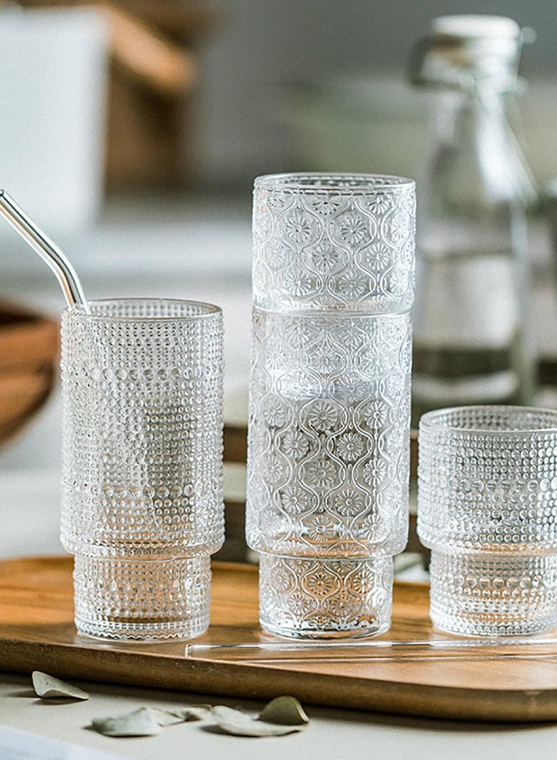 Vintage Glassware Drinking Glasses Set, 4 Pcs Small Glass Cups, Embossed Stackable Pattern Style Cups, Vintage Glassware, Ice Coffee Cup Juice Drinkware, 350 ml  - Image 4