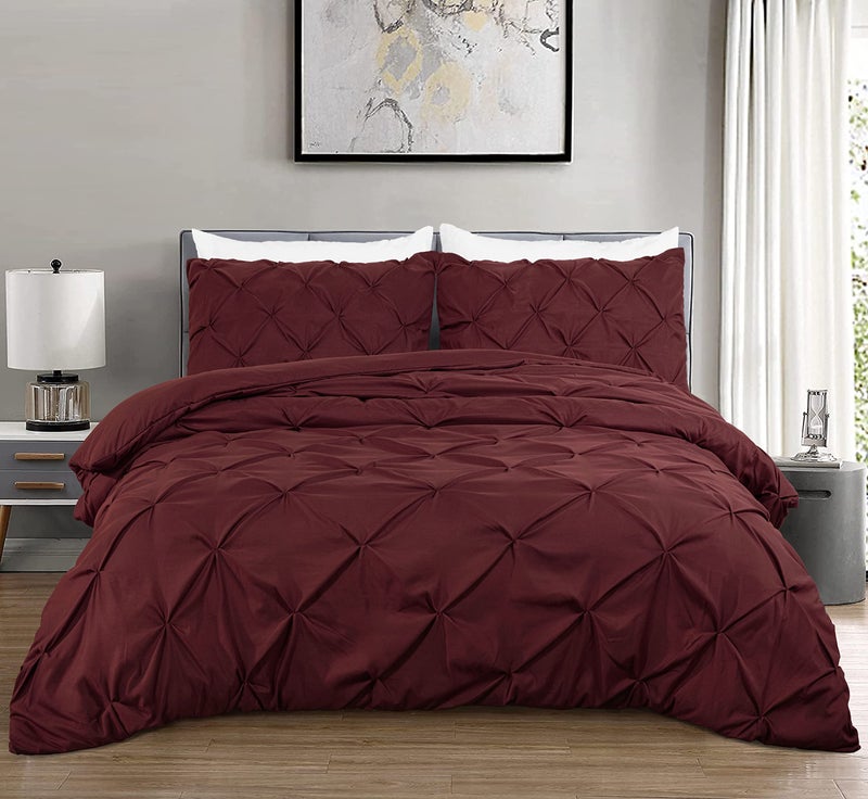 Chezmoi Collection Berlin 3-Piece Pintuck Pinch Pleat Bedding Comforter Set (Queen, Burgundy) - Image 2