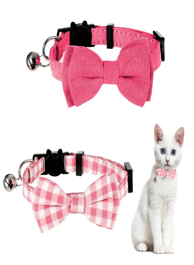 Sliverdew 2 Pcs Kitten Bow Tie Collar with Bell Cute Cat Collar for Girl Boy Cats Breakaway Cat Collars Adjustable Small Puppy Safety Collar Solid Color Plaid Pet Collar (Pink) - Image 1