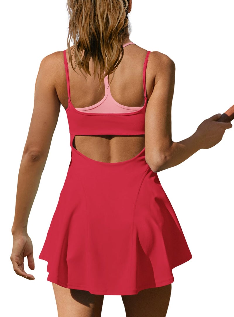Yanekop Womens Tennis Dress with Built in Shorts and Bra Athletic Dresses Golf Outfits Spaghetti Strap Workout Dress(Red,S) - Image 4