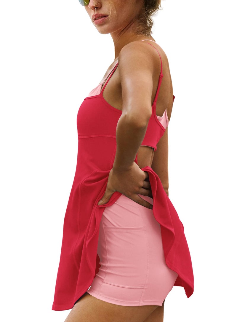Yanekop Womens Tennis Dress with Built in Shorts and Bra Athletic Dresses Golf Outfits Spaghetti Strap Workout Dress(Red,S) - Image 2