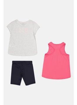 PUMA Kids Girl 3Pcs Brand Logo Top And Pull Shorts Set, White Heather/ Navy/Pink  - Image 2