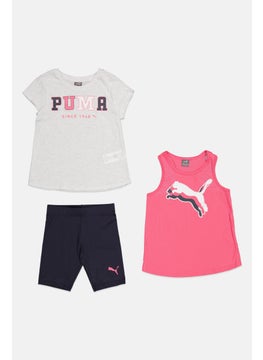 PUMA Kids Girl 3Pcs Brand Logo Top And Pull Shorts Set, White Heather/ Navy/Pink  - Image 3