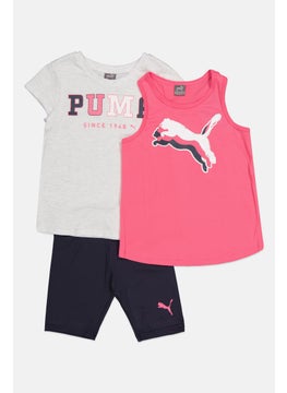 PUMA Kids Girl 3Pcs Brand Logo Top And Pull Shorts Set, White Heather/ Navy/Pink  - Image 1