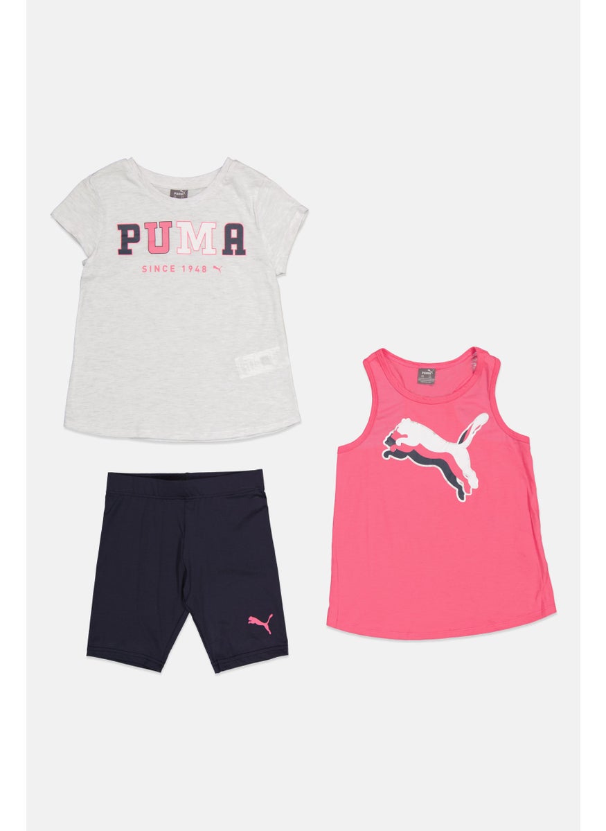 PUMA Kids Girl 3Pcs Brand Logo Top And Pull Shorts Set, White Heather/ Navy/Pink  - Image 3