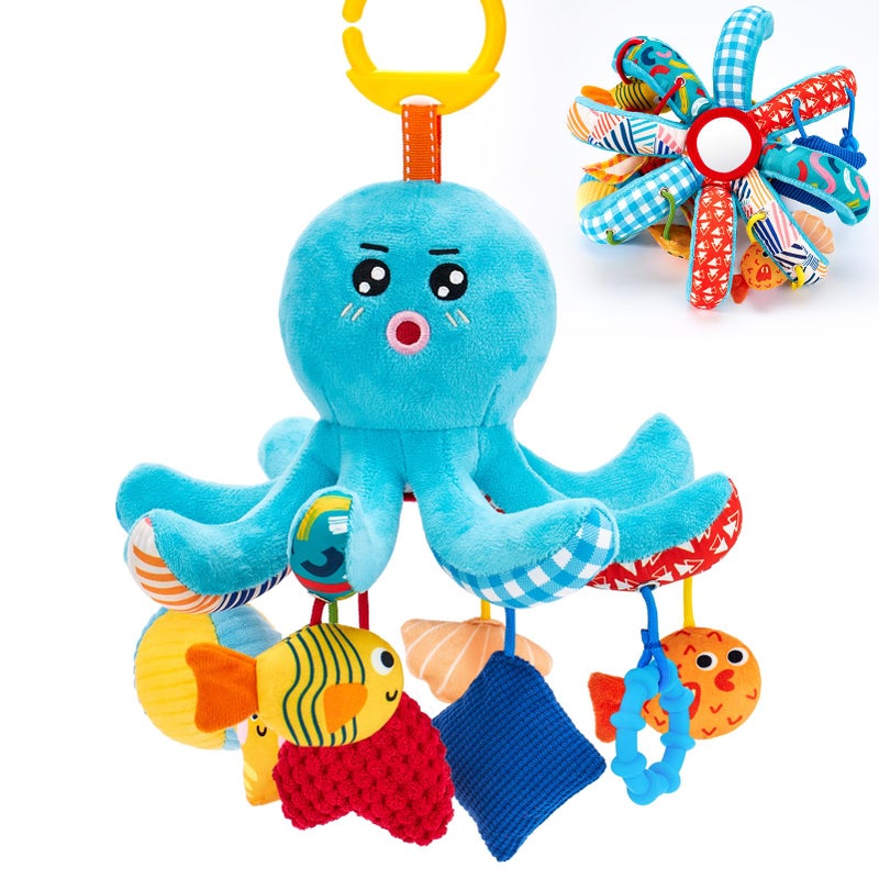 hahaland Baby Toys 0-6 Months - Car Seat Toys Octopus Toy with Pulling Cords, Squeaky, Crinkle, Rattle, Mirror, Montessori Newborn Sensory 4 Month Babies Gift Stroller Carseat Hanging Toy for Baby Gym - Image 1