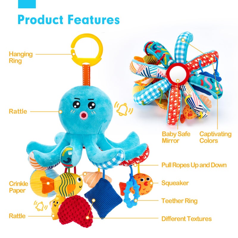 hahaland Baby Toys 0-6 Months - Car Seat Toys Octopus Toy with Pulling Cords, Squeaky, Crinkle, Rattle, Mirror, Montessori Newborn Sensory 4 Month Babies Gift Stroller Carseat Hanging Toy for Baby Gym - Image 5