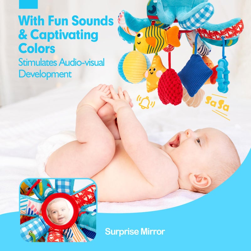 hahaland Baby Toys 0-6 Months - Car Seat Toys Octopus Toy with Pulling Cords, Squeaky, Crinkle, Rattle, Mirror, Montessori Newborn Sensory 4 Month Babies Gift Stroller Carseat Hanging Toy for Baby Gym - Image 3