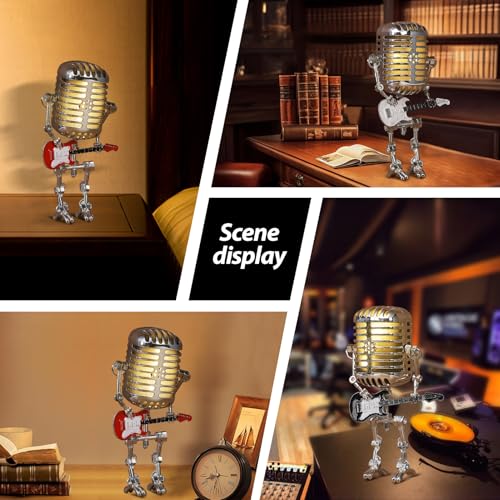 Xmpmrb Vintage Microphone Guitar Robot Lamp, Music Gifts for Men, Cool Gifts for Music Lovers, Vintage Light Home Decor Nightstand Desk Lamp for Bedroom, Music Studio (Red) - Image 2