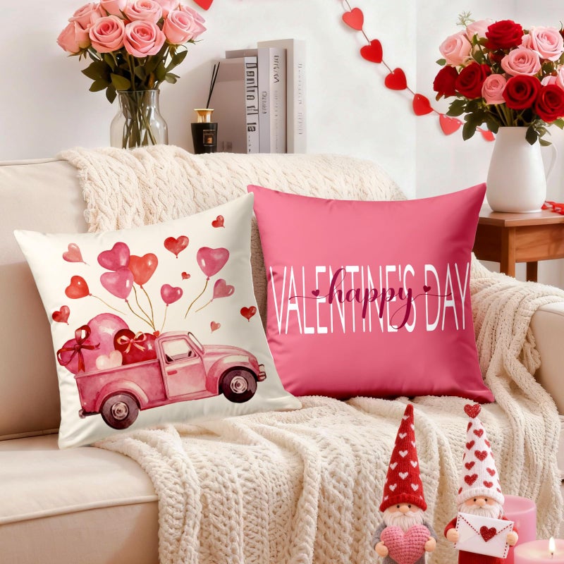 YOSICHY Valentines Day Decorations-Valentine Pillow Covers 18x18 Set of 4, Pink Hearts Love You Happy Valentine's Day Throw Outdoor Pillow Covers Anniversary Wedding Cushion Case for Home Sofa Couch Decor - Image 2