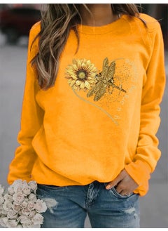 2024wish Womens Animal Print round Neck Sweatshirt Street Style Polyester Fiber Long Sleeve Fresh Sweet Princess Style yellow without cap