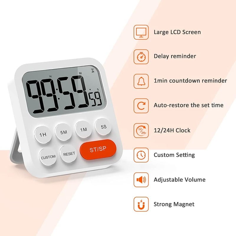 LIORQUE Digital Kitchen Timer Magnetic Stopwatch Egg Timer with Clock, Magnet, 3-Level Volume, LCD Display for Cooking, Sports and Studying (Pack of 2, Batteries Included) - Image 2