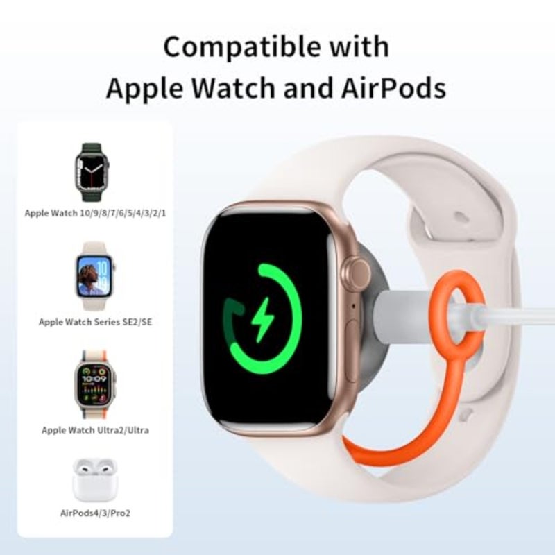 شاحن مغناطيسي لساعة أبل [منفذ USB-CandLightning]، شاحن iWatch لاسلكي محمول شحن سريع يناسب Apple Watch Series10/9/8/7/6/5/4/3/2/1/SE/SE2 أسود - Image 5
