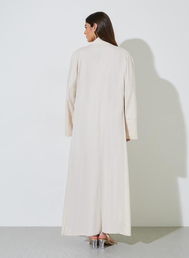 Styli Beige Solid Long Sleeves Open Front Abaya - Image 3