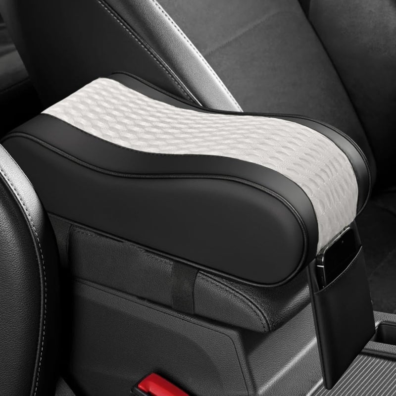 Tuxihapp Car Armrest Cushion, Memory Foam Auto Center Console Armrest Pillow Pad with Storage Bag, Breathable Leather Middle Console Protective Pad with Phone Holder Relieve Elbow Pressure (WhiteGray) - Image 1