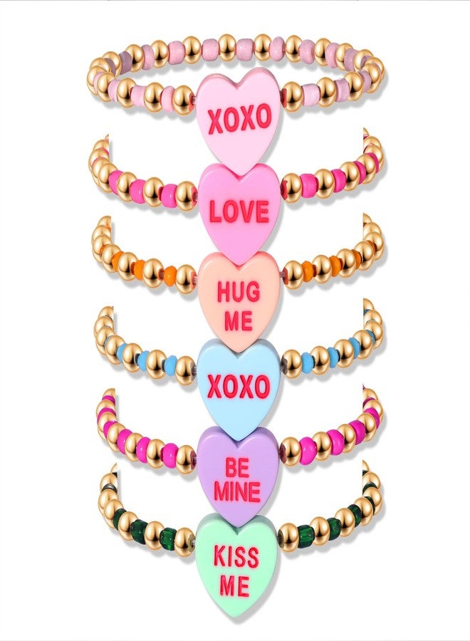 boderier 6Pack Valentines Bracelets for Women Beaded Heart Love XOXO Bracelets Valentines Gifts for Women Candy Heart - Image 1