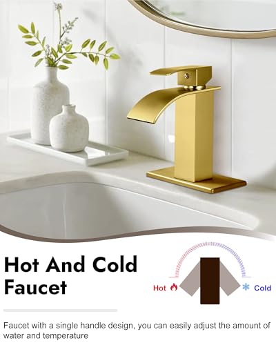 Midanya Waterfall Spout Bathroom Faucet Single Handle 1 Hole Bathroom Sink FaucetModern RV Lavatory Vanity Basin Tap with Water HoseNo DrainShort BodyBrushed Gold - Image 3