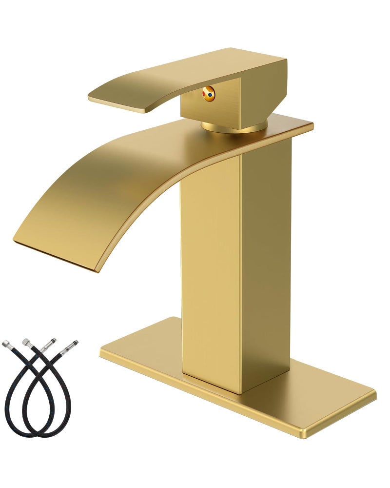 Midanya Waterfall Spout Bathroom Faucet Single Handle 1 Hole Bathroom Sink FaucetModern RV Lavatory Vanity Basin Tap with Water HoseNo DrainShort BodyBrushed Gold - Image 2