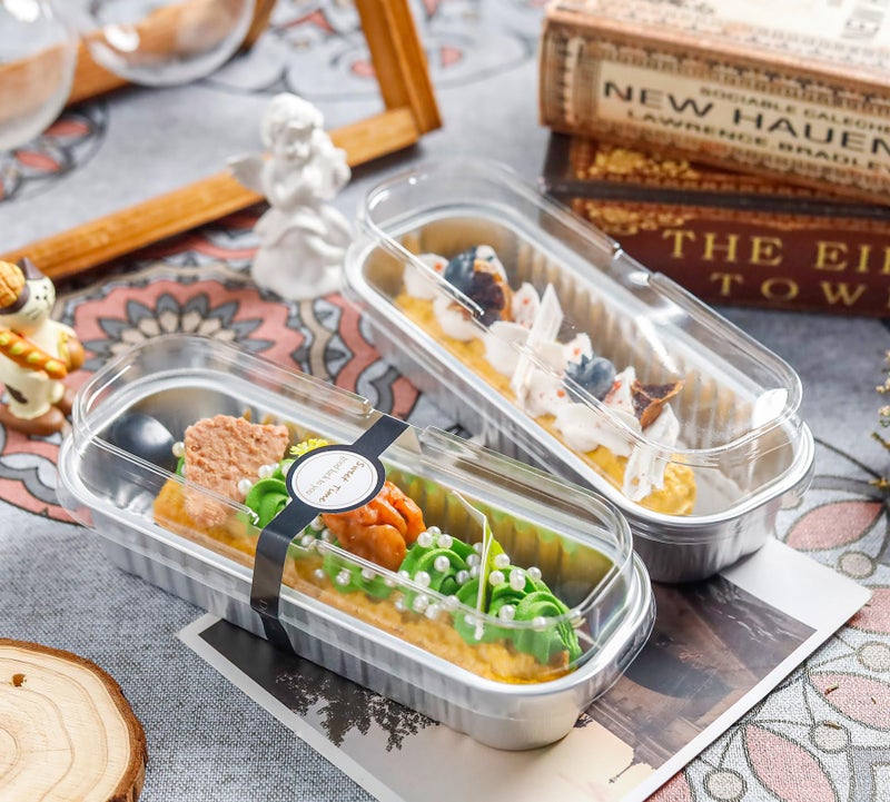 NPLUX 50 PACK Mini Cake Pans with Lids and Spoons, Rectangular Aluminum Foil Bread Pan, Mini Loaf Pans and Food Containers with Lids(Silver, 6.8oz) - Image 2