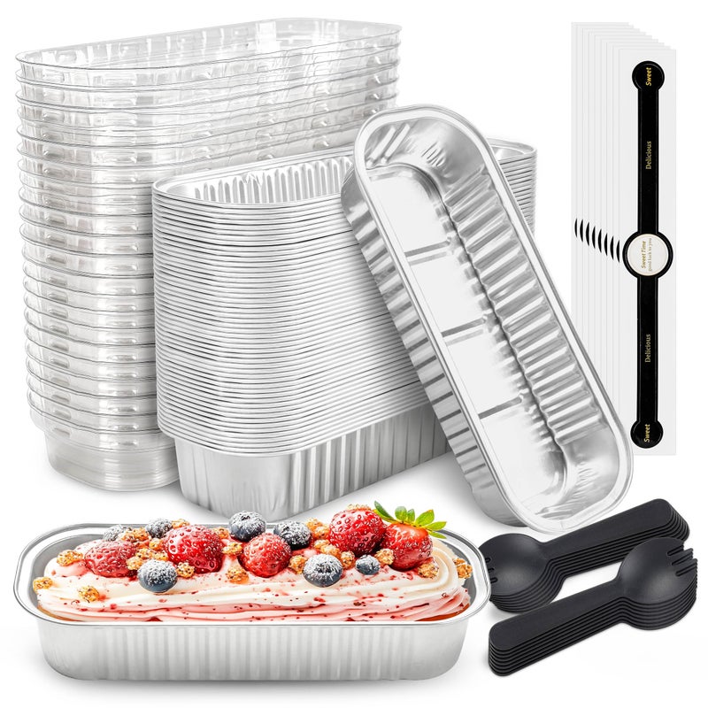 NPLUX 50 PACK Mini Cake Pans with Lids and Spoons, Rectangular Aluminum Foil Bread Pan, Mini Loaf Pans and Food Containers with Lids(Silver, 6.8oz) - Image 1