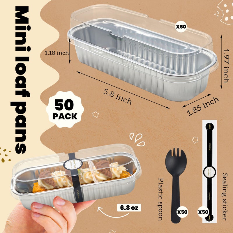 NPLUX 50 PACK Mini Cake Pans with Lids and Spoons, Rectangular Aluminum Foil Bread Pan, Mini Loaf Pans and Food Containers with Lids(Silver, 6.8oz) - Image 3