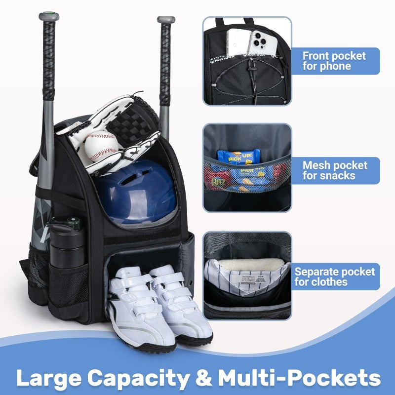 KAVIGOR Youth Baseball Bag, Softball Bag for Girls & Boys, Kids Tball Backpack with Shoes Compartment - Image 3