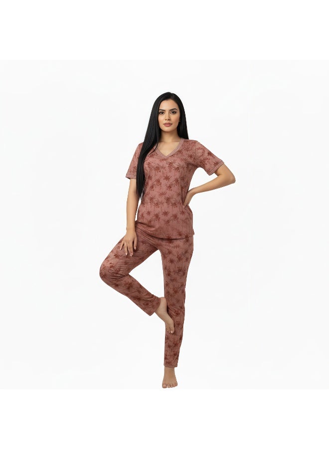 JOANNA Women's Floral Design V-Neck Shirt & Trouser Pajama Set, Pink - Image 4