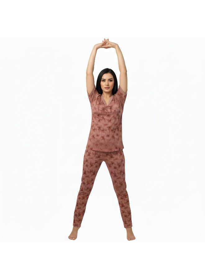 JOANNA Women's Floral Design V-Neck Shirt & Trouser Pajama Set, Pink - Image 5