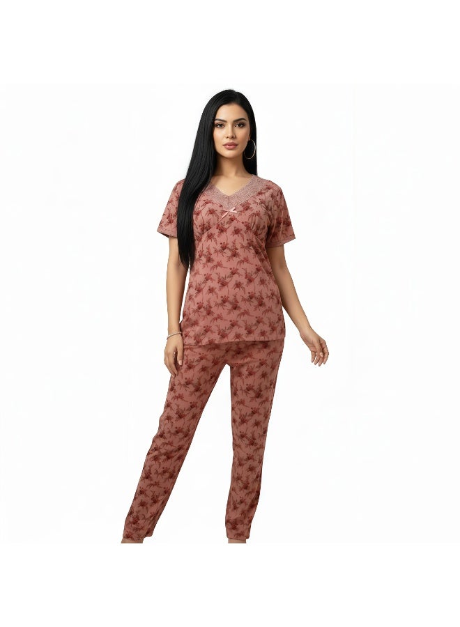 JOANNA Women's Floral Design V-Neck Shirt & Trouser Pajama Set, Pink - Image 1