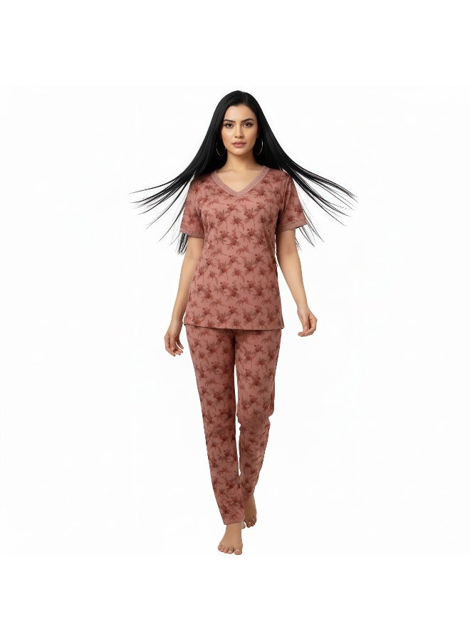 JOANNA Women's Floral Design V-Neck Shirt & Trouser Pajama Set, Pink - Image 3