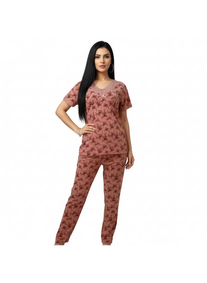 JOANNA Women's Floral Design V-Neck Shirt & Trouser Pajama Set, Pink - Image 2