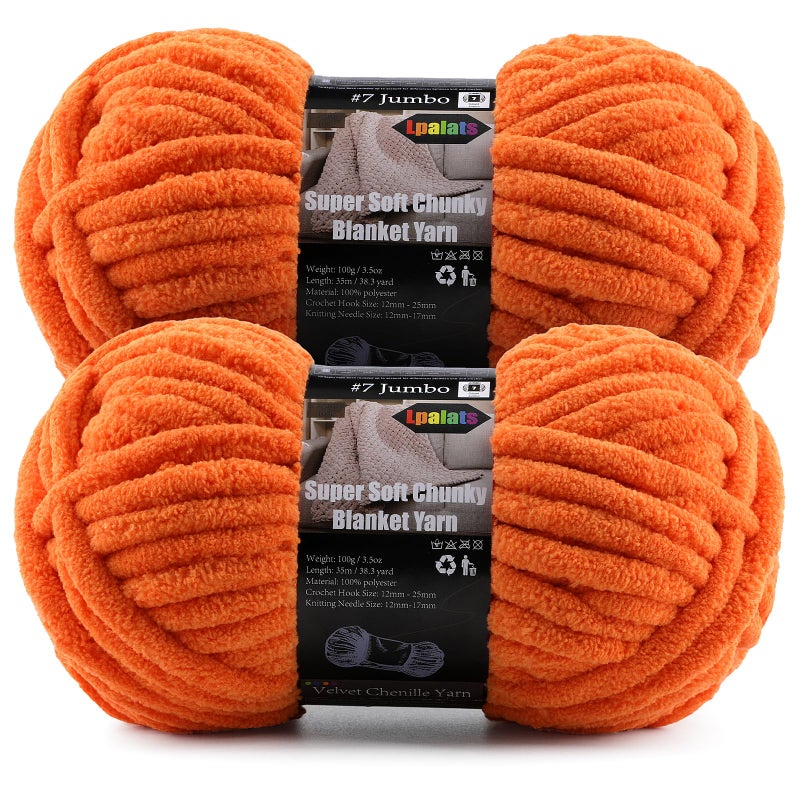 Lpalats 2-Pack Super Soft Chunky Yarn for Crocheting Blankets - 7oz/76.4yd Total, Thick & Plush Chenille Yarn for Quick Baby Projects, Amigurumi, Scarves, Tangerine - Image 1