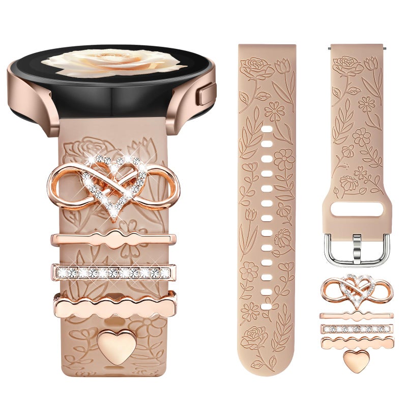 DaQin Flower Engraved Band Compatible with Samsung Galaxy Watch 7 Band/FE 6 5 4 40mm 44mm,Galaxy Active 2, 20mm Watch Band Soft Silicone Replacement Strap with Decorative Charms Accessories Women - Image 1