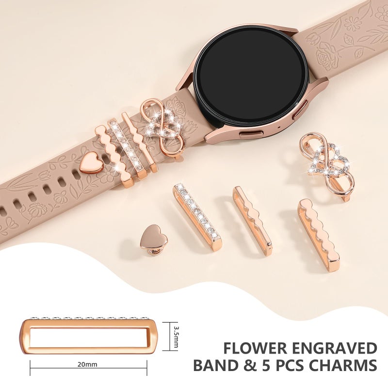 DaQin Flower Engraved Band Compatible with Samsung Galaxy Watch 7 Band/FE 6 5 4 40mm 44mm,Galaxy Active 2, 20mm Watch Band Soft Silicone Replacement Strap with Decorative Charms Accessories Women - Image 5