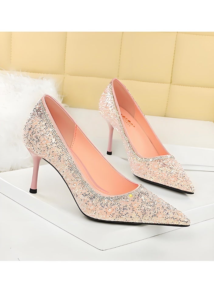 BIGTREE Women's Glittery Stiletto Pumps Closed Pointed Toe High Heels Shoes Light Pink 8CM - Image 2