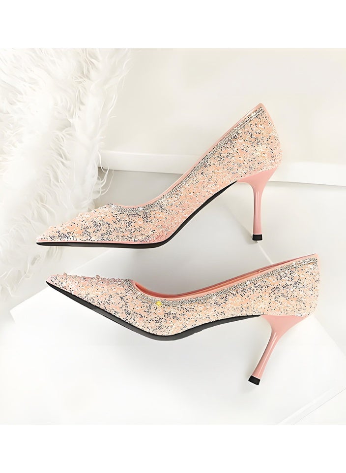 BIGTREE Women's Glittery Stiletto Pumps Closed Pointed Toe High Heels Shoes Light Pink 8CM - Image 3