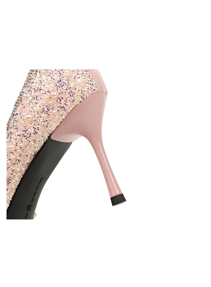 BIGTREE Women's Glittery Stiletto Pumps Closed Pointed Toe High Heels Shoes Light Pink 8CM - Image 5