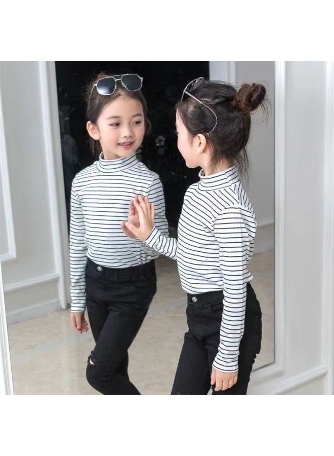 Children's Autumn Winter New Striped Velvet Blended Girl Striped Half High Neck Long Sleeve Top Boys Warm Long Sleeve Shirt Base Layer