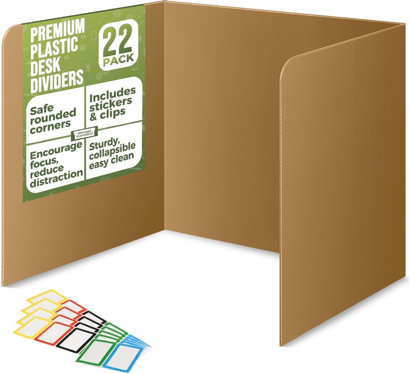 Storage Standard 22-Pack Desk Dividers for Students - Durable & Waterproof Plastic Study Carrel Divider, Classroom Folders Teacher Supplies, Easy Clean Plastic Privacy Shield Folder Boards for Student Desks, Brown - Image 1