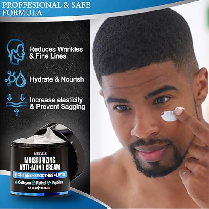 Menvils Mens Face Moisturizer Cream - Anti Aging & Wrinkle Cream - Face Moisturizer For Men with Collagen, Retinol, Peptides, Jojoba Oil - Facial Skin Care & Eye Lotion - Day & Night - 4.2 OZ - Image 4