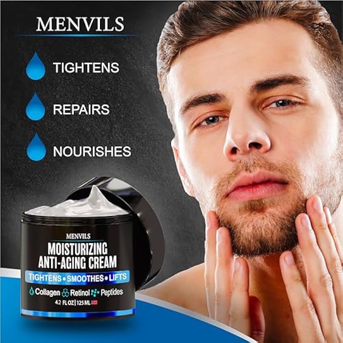 Menvils Mens Face Moisturizer Cream - Anti Aging & Wrinkle Cream - Face Moisturizer For Men with Collagen, Retinol, Peptides, Jojoba Oil - Facial Skin Care & Eye Lotion - Day & Night - 4.2 OZ - Image 2