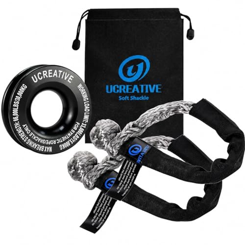 Ucreative Black Recovery Ring and 2PCS Gray Soft Shackle (1/2 Inch x 22 Inch) kit for Synthetic Winch Rope for ATV UTV SUV Truck Off-Road Vehicle Recovery - Image 1