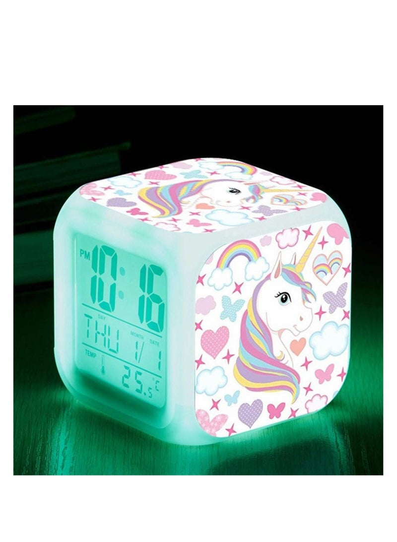 Excefore Kids Alarm Clocks, Digital Wake Up Clock 7 Colors Changing Light Bedside Clock with 8 Alarm Sounds Date Calendar Temperature - Image 1