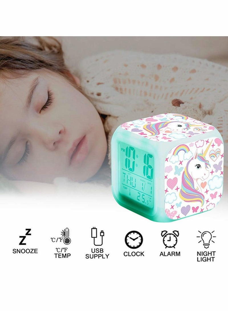 Excefore Kids Alarm Clocks, Digital Wake Up Clock 7 Colors Changing Light Bedside Clock with 8 Alarm Sounds Date Calendar Temperature - Image 3