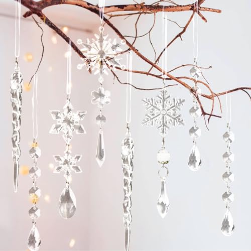 OuMuaMua 18pcs Christmas Tree Decoration Crystal Ornaments - Hanging Acrylic Christmas Snowflake Icicle Drop Crystal Ornaments for Xmas Tree Winter New Year Party Supplies - Image 4