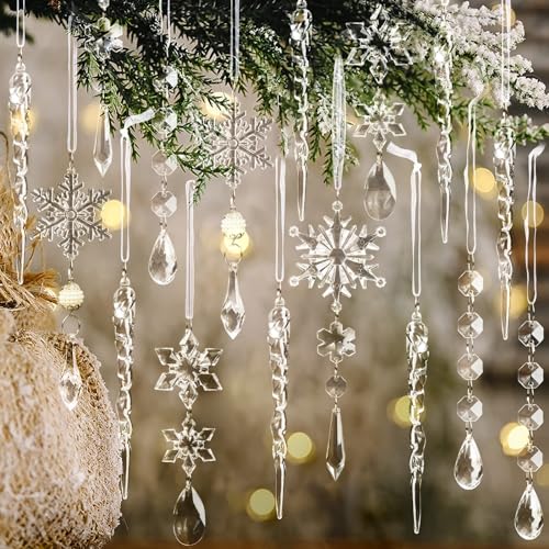 OuMuaMua 18pcs Christmas Tree Decoration Crystal Ornaments - Hanging Acrylic Christmas Snowflake Icicle Drop Crystal Ornaments for Xmas Tree Winter New Year Party Supplies - Image 1