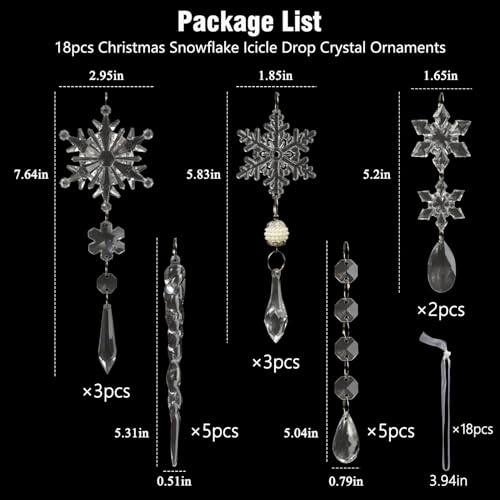 OuMuaMua 18pcs Christmas Tree Decoration Crystal Ornaments - Hanging Acrylic Christmas Snowflake Icicle Drop Crystal Ornaments for Xmas Tree Winter New Year Party Supplies - Image 3