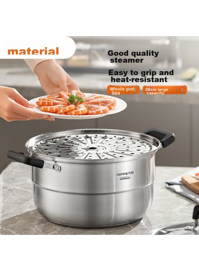 Joyoung Steamer Pot, 304 Stainless Steel, High-arch Lid, Large Capacity, Double-layer, For Steaming Buns, Dumplings, And Stewing, Compatible With Various Stoves, 28cm - Image 1
