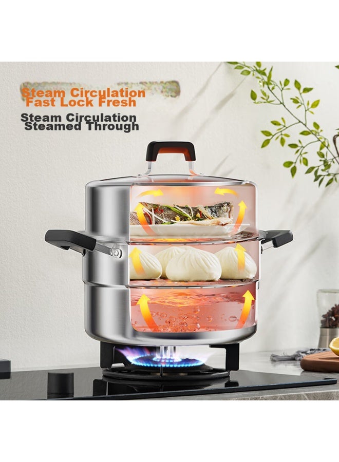 Joyoung Steamer Pot, 304 Stainless Steel, High-arch Lid, Large Capacity, Double-layer, For Steaming Buns, Dumplings, And Stewing, Compatible With Various Stoves, 28cm - Image 2