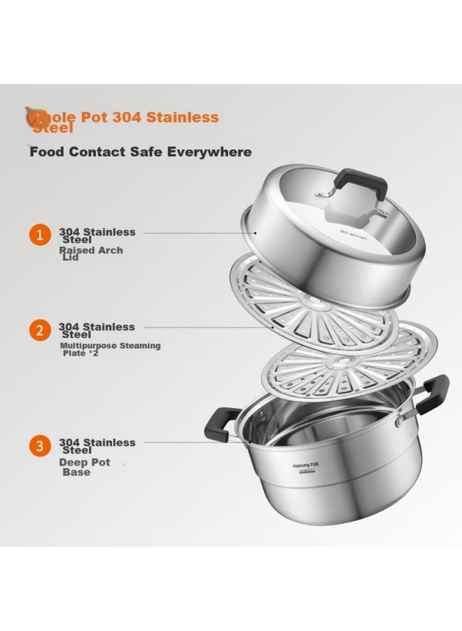 Joyoung Steamer Pot, 304 Stainless Steel, High-arch Lid, Large Capacity, Double-layer, For Steaming Buns, Dumplings, And Stewing, Compatible With Various Stoves, 28cm - Image 5